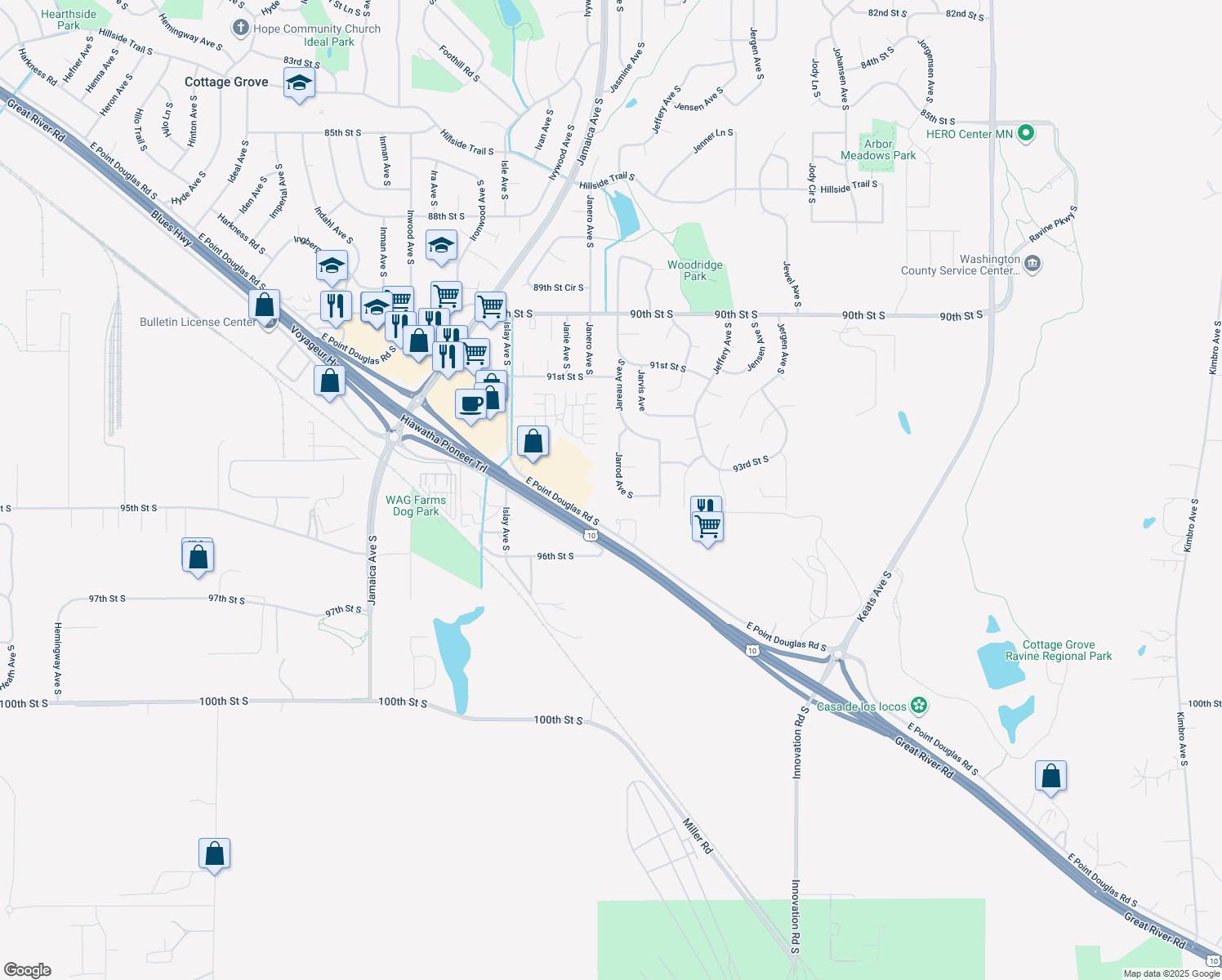 map of restaurants, bars, coffee shops, grocery stores, and more near 9460 Jarrod Avenue South in Cottage Grove
