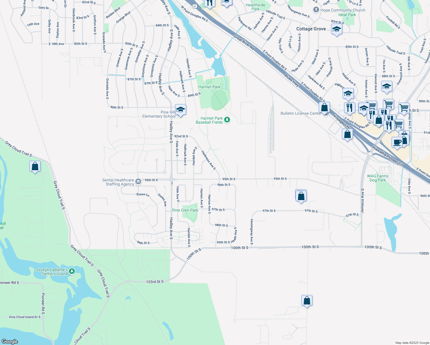 map of restaurants, bars, coffee shops, grocery stores, and more near 9476 Harkness Court South in Cottage Grove