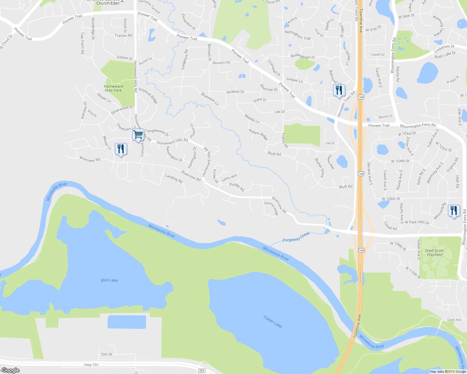 map of restaurants, bars, coffee shops, grocery stores, and more near 10761 Purdey Rd in Eden Prairie