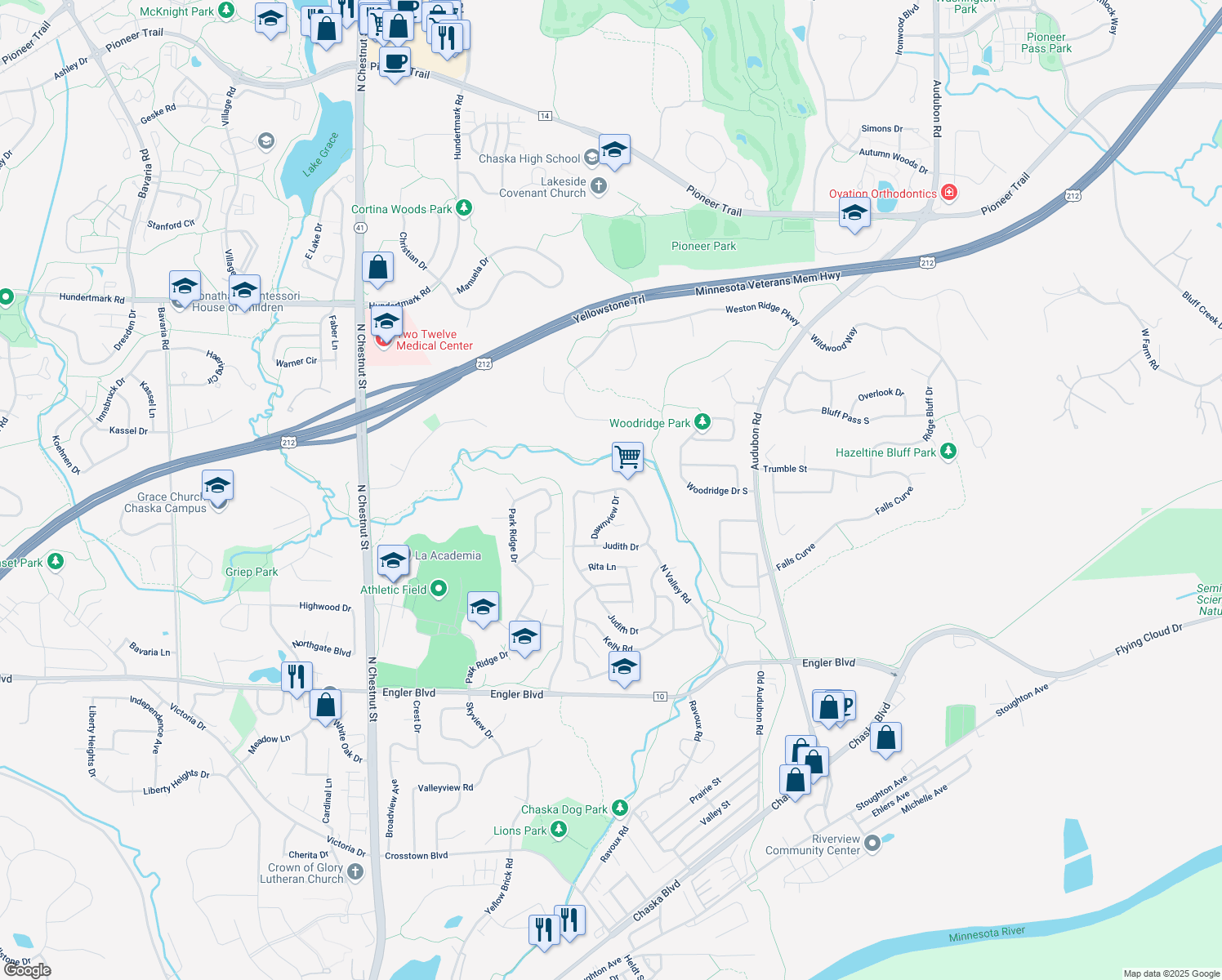 map of restaurants, bars, coffee shops, grocery stores, and more near 133 Judith Drive in Chaska