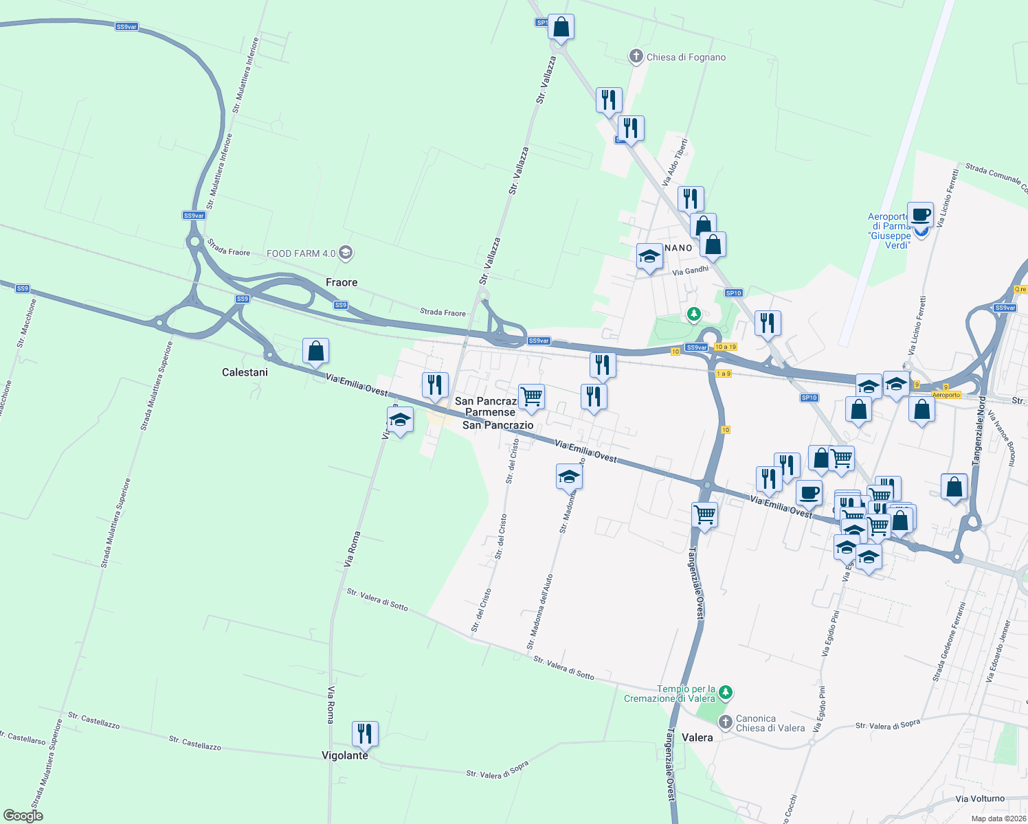 map of restaurants, bars, coffee shops, grocery stores, and more near 25 Via Bruno Buozzi in Parma