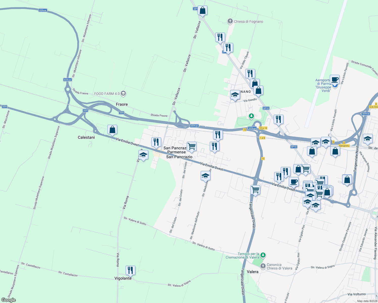 map of restaurants, bars, coffee shops, grocery stores, and more near 25 Via Bruno Buozzi in Parma