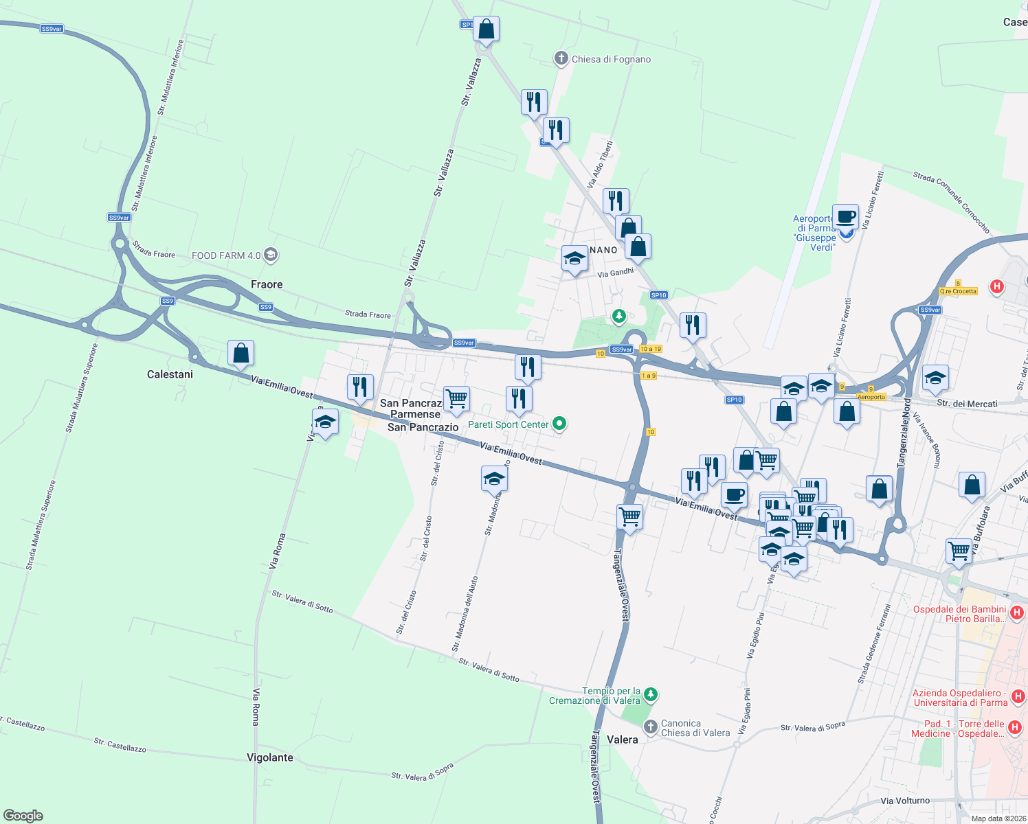 map of restaurants, bars, coffee shops, grocery stores, and more near 1 Enrico Bertoluzzi in Parma