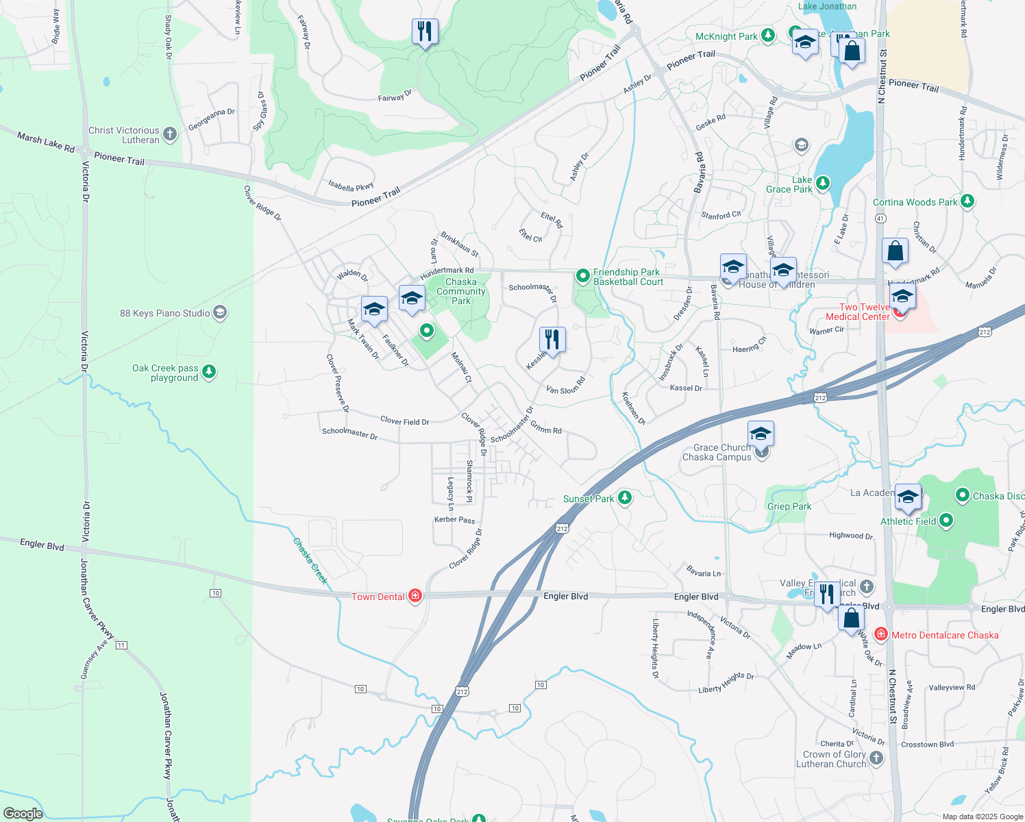 map of restaurants, bars, coffee shops, grocery stores, and more near 2179 Grimm Road in Chaska