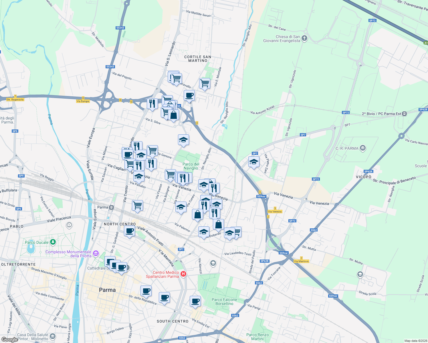 map of restaurants, bars, coffee shops, grocery stores, and more near 11 Via G. Cherchi in Parma