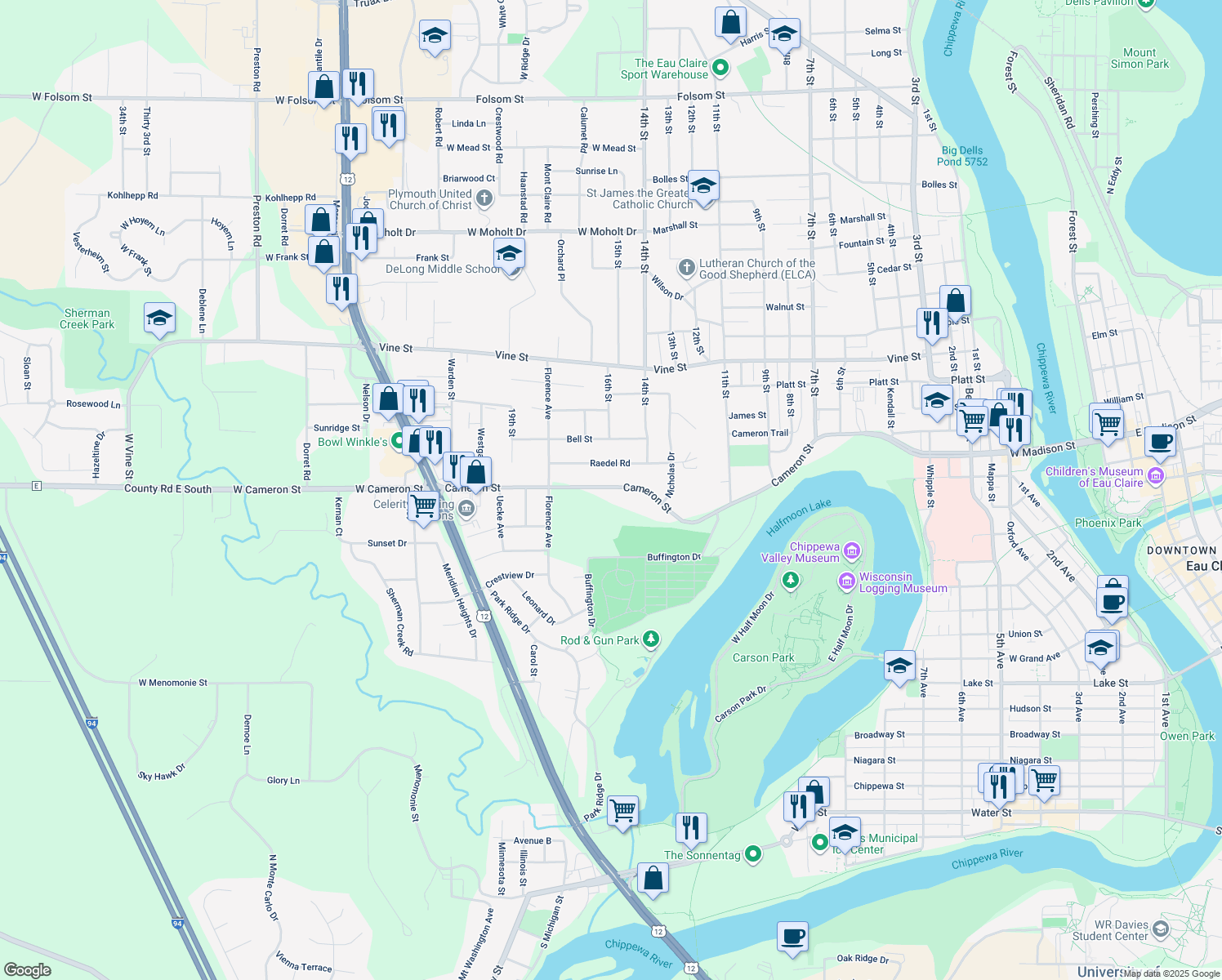map of restaurants, bars, coffee shops, grocery stores, and more near 1505 Cameron St in Eau Claire