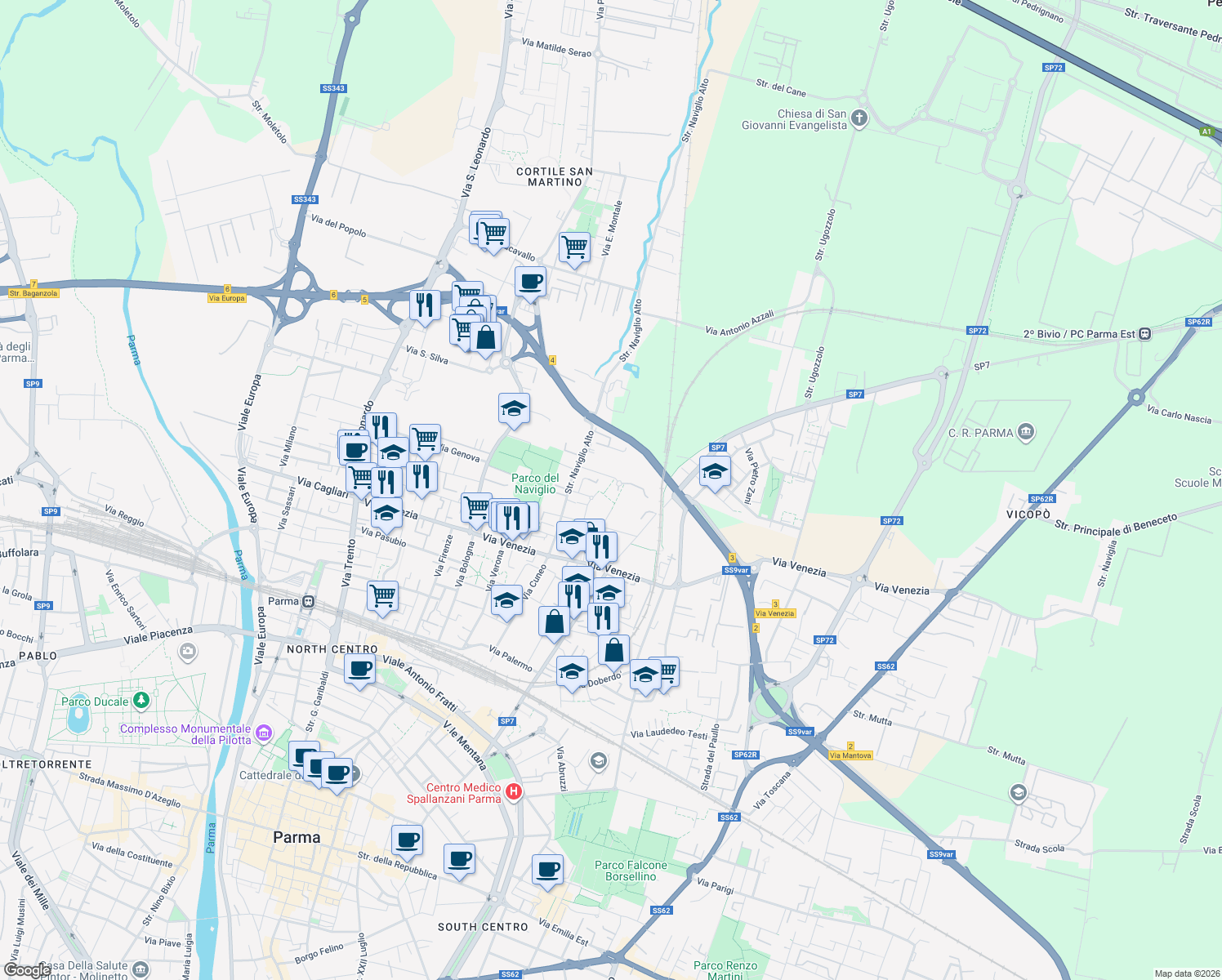 map of restaurants, bars, coffee shops, grocery stores, and more near 11 Via G. Cherchi in Parma