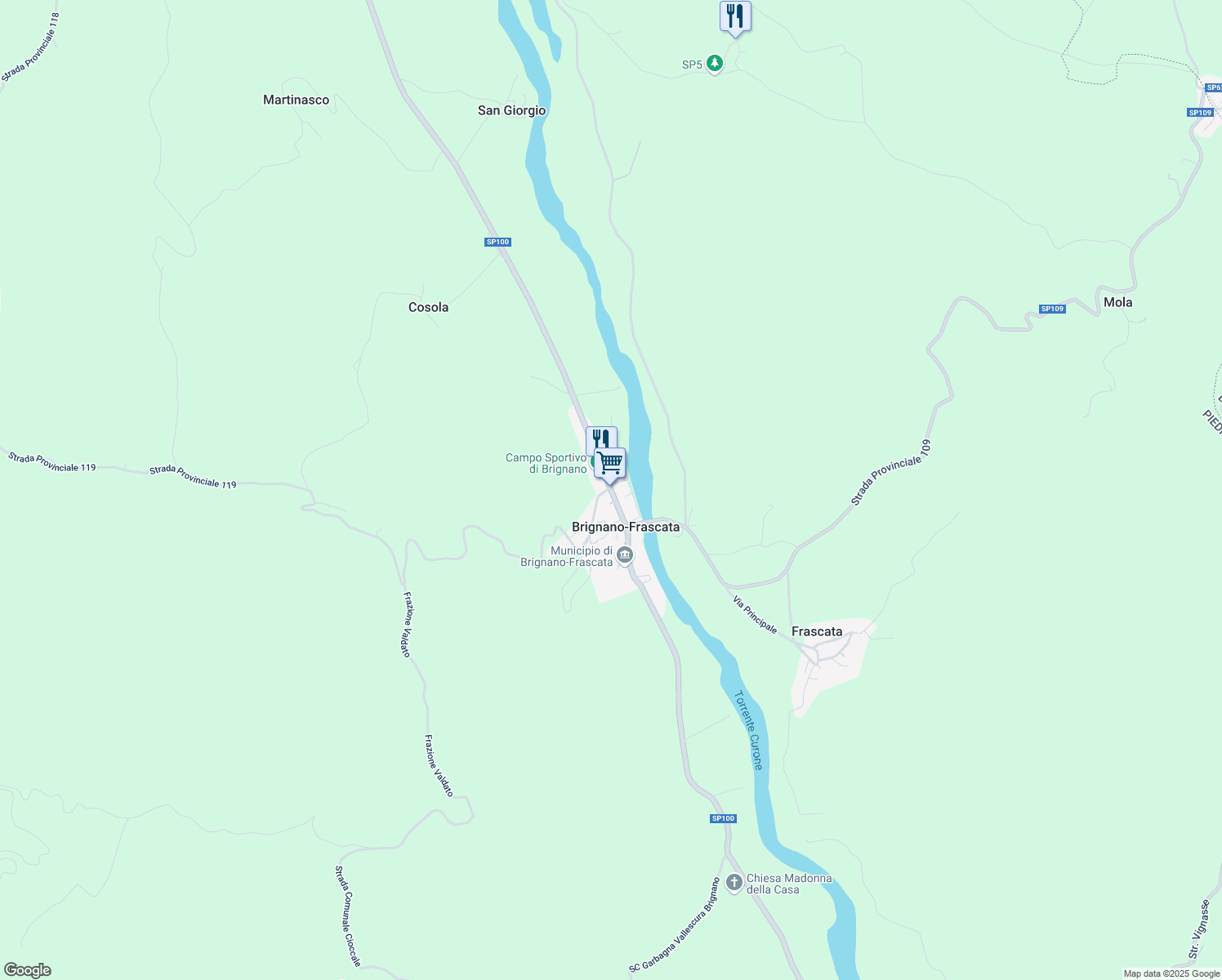 map of restaurants, bars, coffee shops, grocery stores, and more near 50 Via Roma in Brignano
