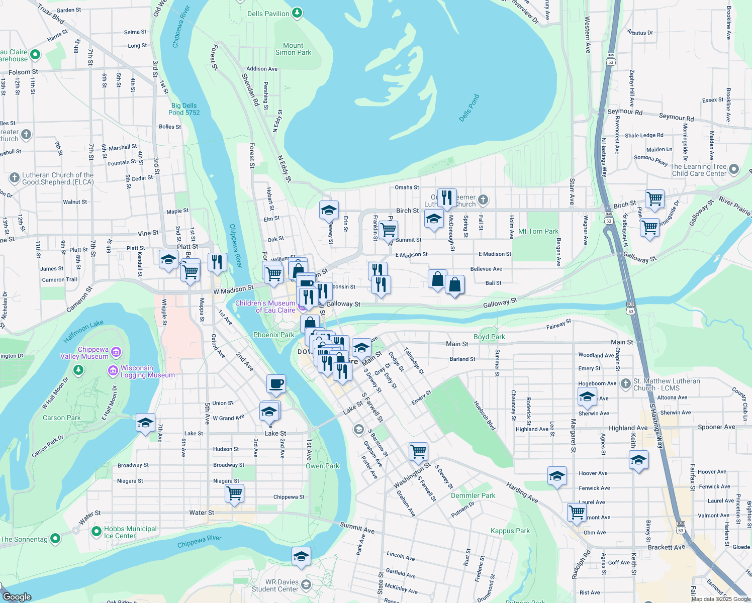 map of restaurants, bars, coffee shops, grocery stores, and more near 118 Putnam Street in Eau Claire