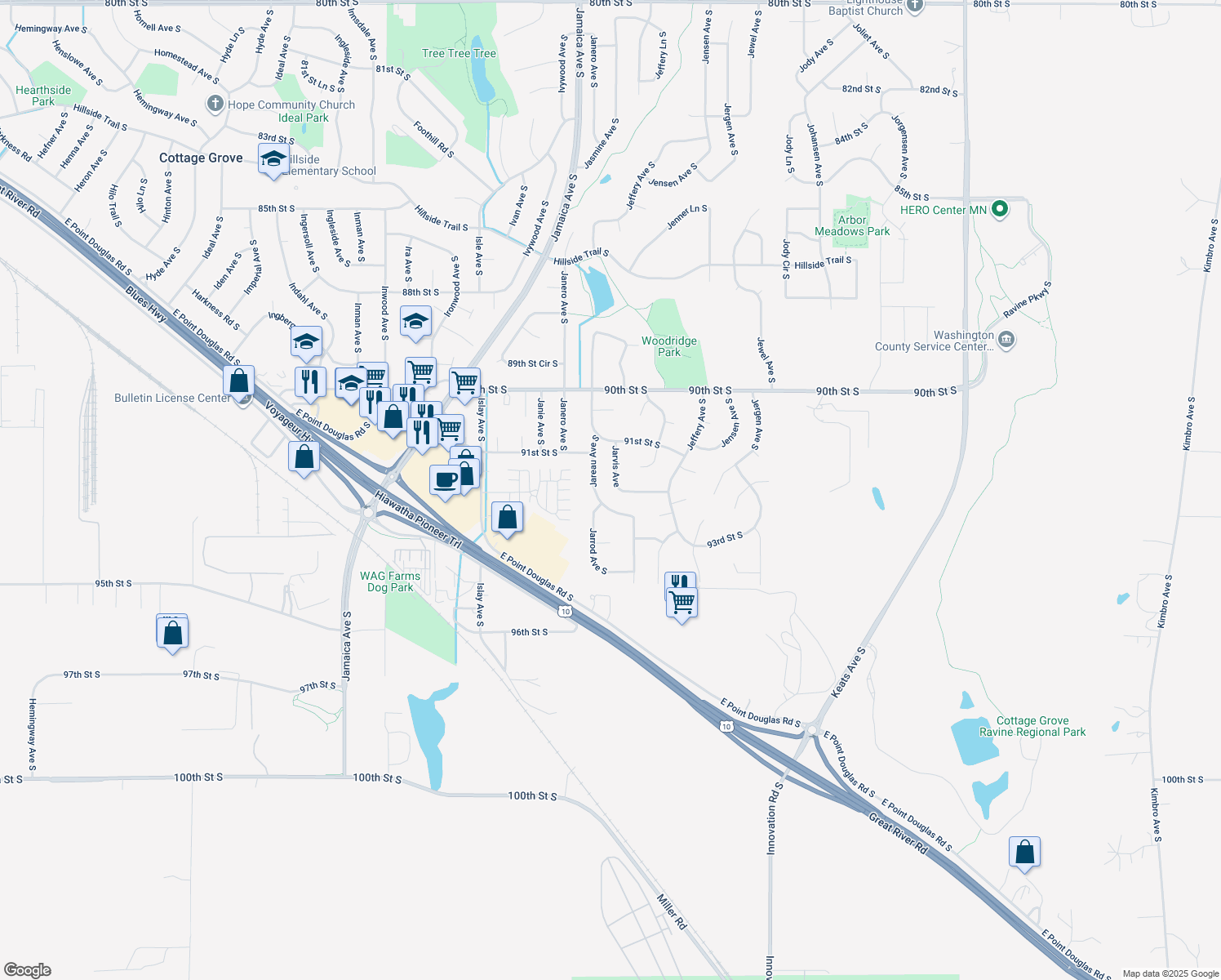 map of restaurants, bars, coffee shops, grocery stores, and more near 9198 Jarvis Avenue in Cottage Grove