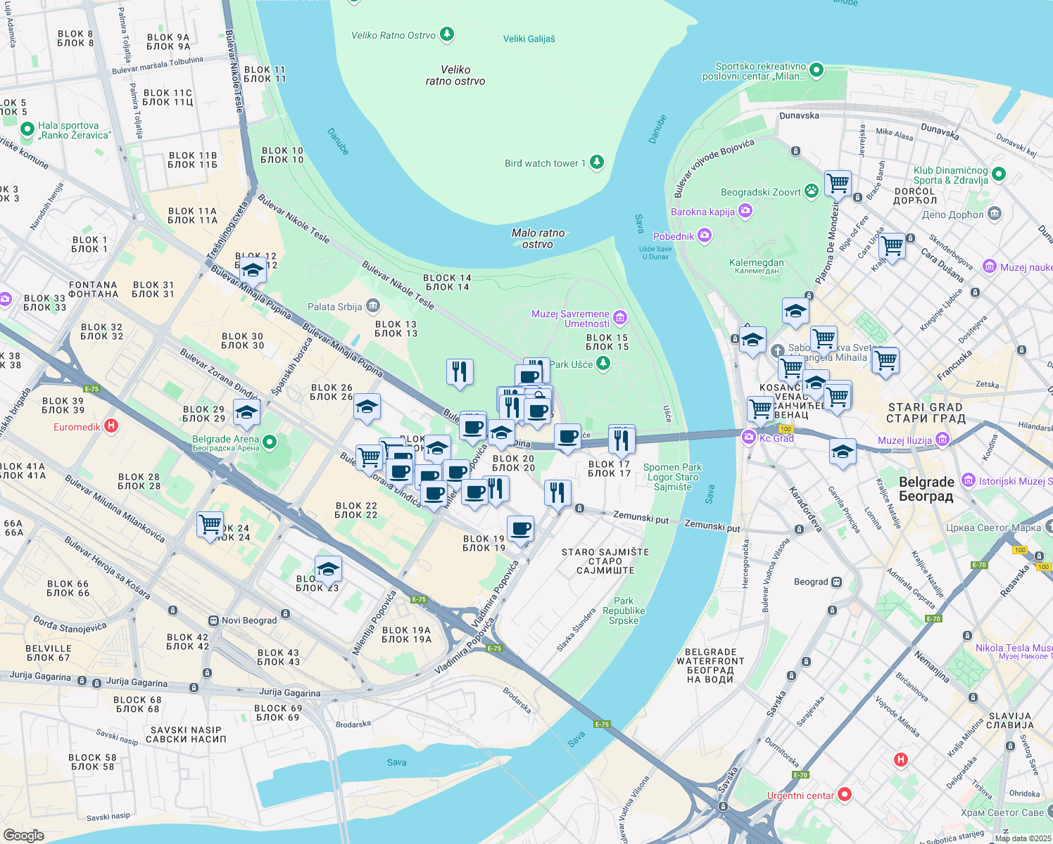 map of restaurants, bars, coffee shops, grocery stores, and more near in Beograd