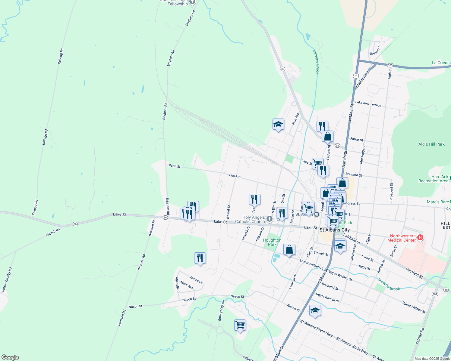 map of restaurants, bars, coffee shops, grocery stores, and more near 43 Adams Street in Saint Albans City