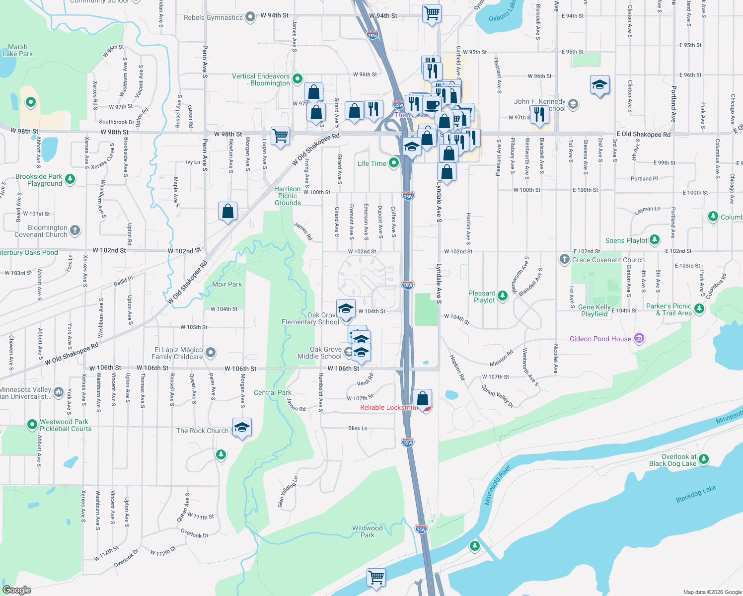 map of restaurants, bars, coffee shops, grocery stores, and more near 10310 Devonshire Road in Bloomington