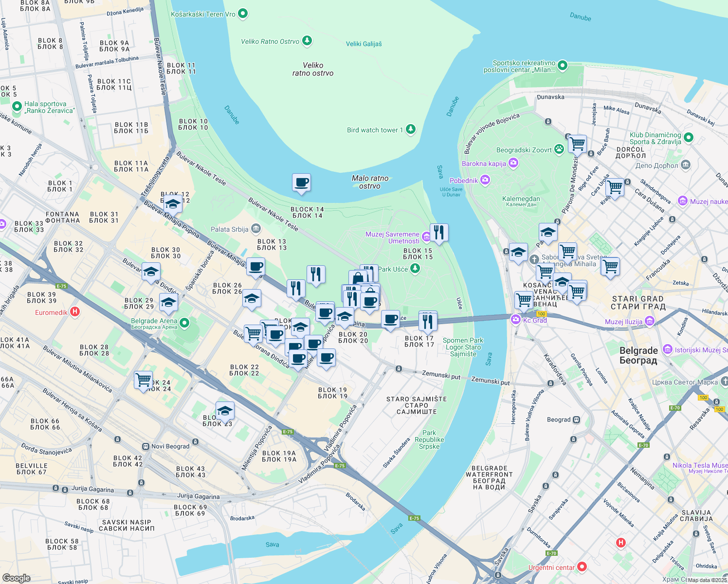 map of restaurants, bars, coffee shops, grocery stores, and more near in Beograd