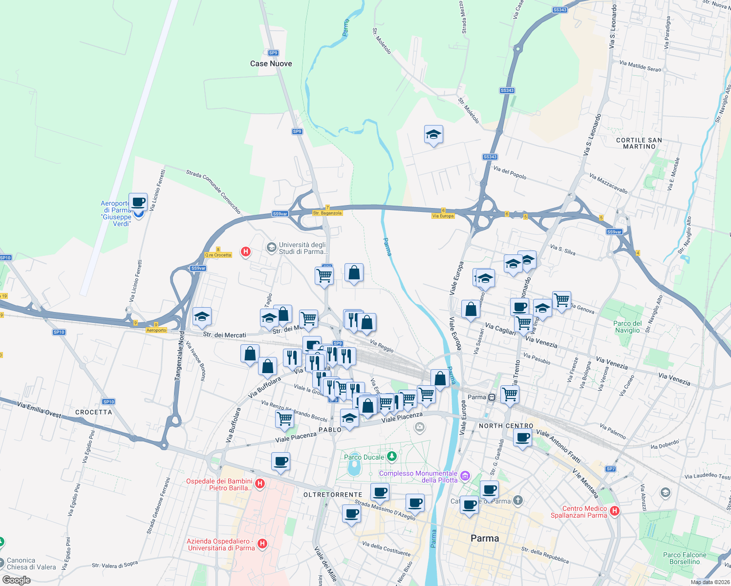 map of restaurants, bars, coffee shops, grocery stores, and more near 9 Via Giuseppe Giusti in Parma