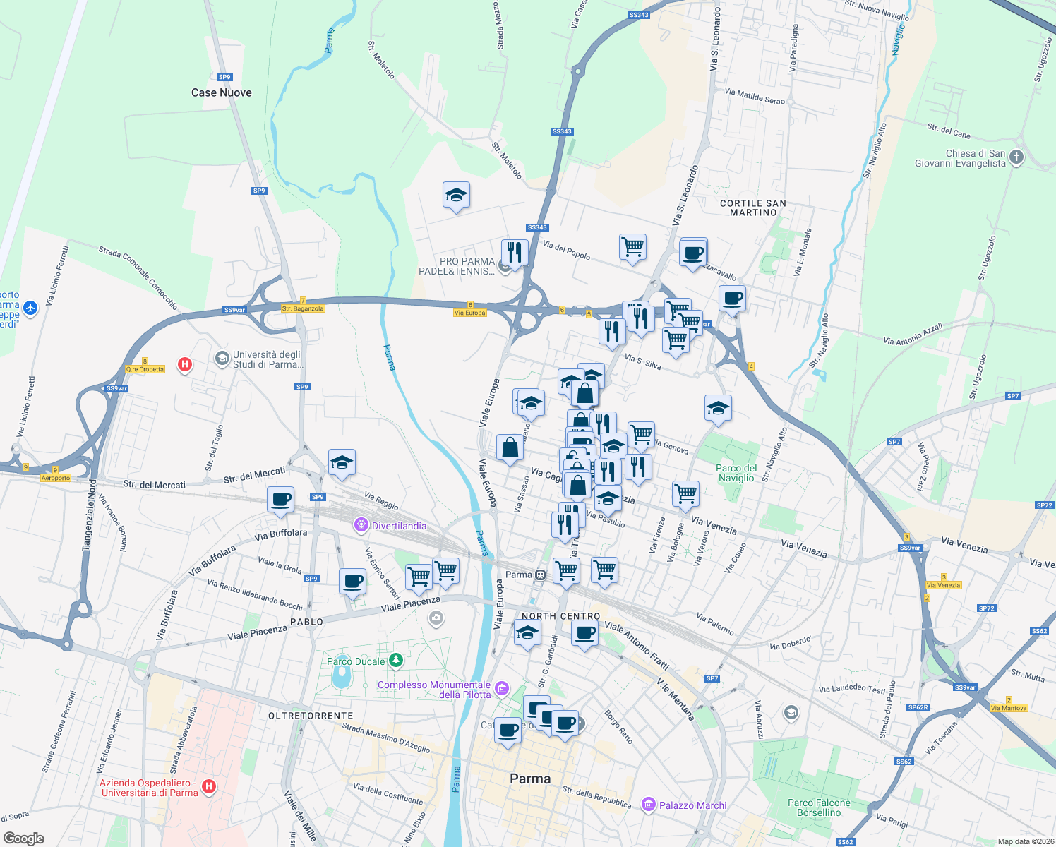 map of restaurants, bars, coffee shops, grocery stores, and more near Via Francesco Saverio Bianchi in Parma