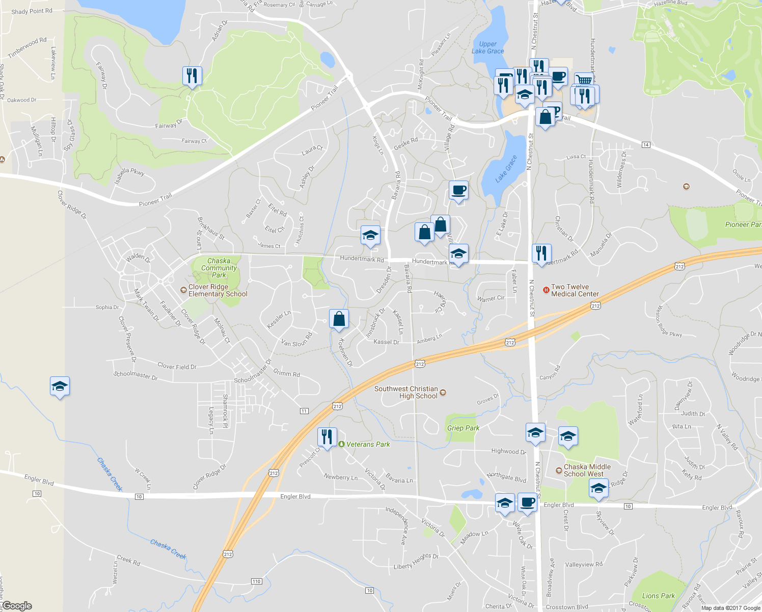 map of restaurants, bars, coffee shops, grocery stores, and more near 572 Innsbruck Drive in Chaska