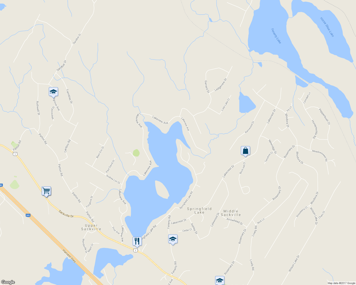 map of restaurants, bars, coffee shops, grocery stores, and more near 553 Springfield Lake Road in Middle Sackville