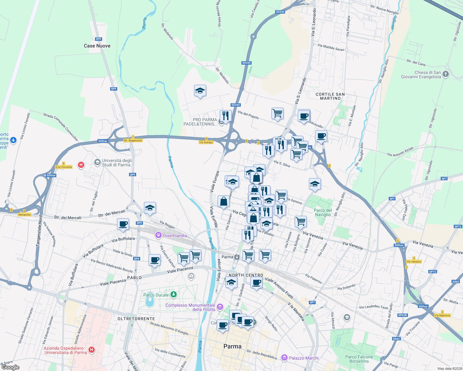 map of restaurants, bars, coffee shops, grocery stores, and more near Via Francesco Saverio Bianchi in Parma