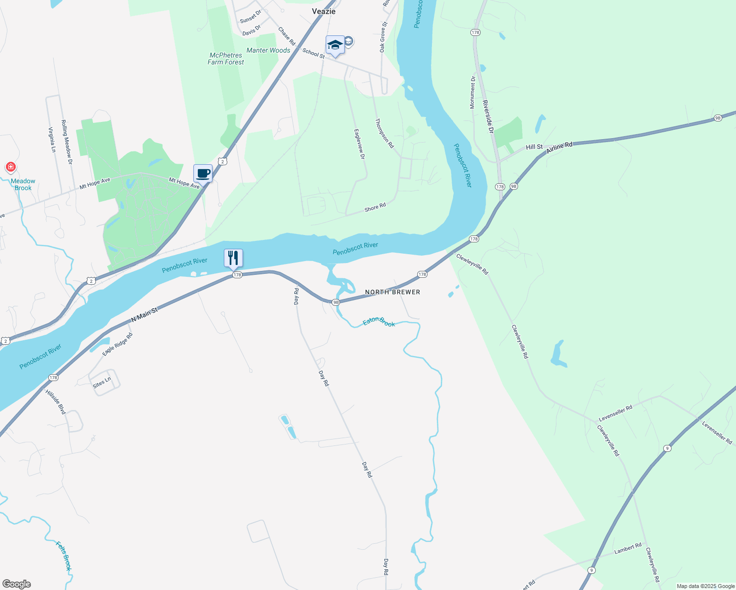 map of restaurants, bars, coffee shops, grocery stores, and more near 1184 North Main Street in Brewer