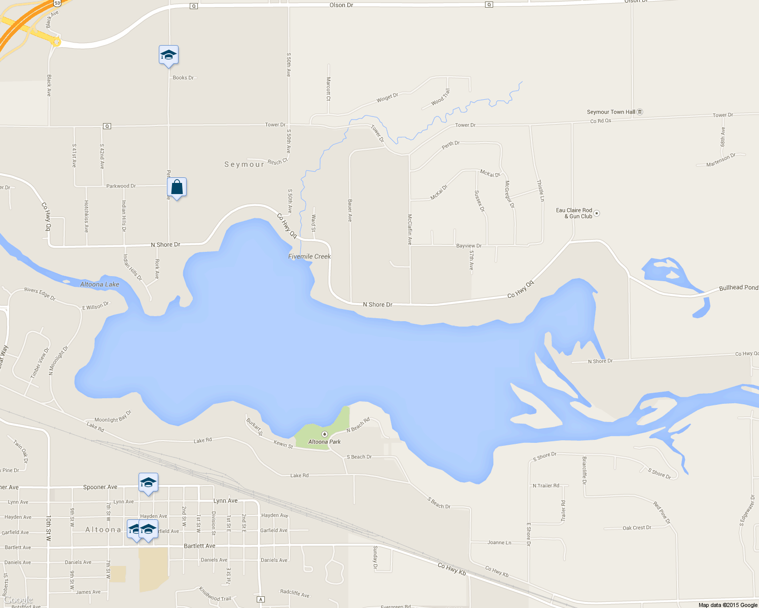 map of restaurants, bars, coffee shops, grocery stores, and more near 5454 North Shore Drive in Eau Claire