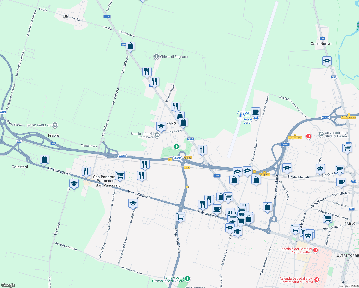 map of restaurants, bars, coffee shops, grocery stores, and more near 2 Via Alpini D'Italia in Parma
