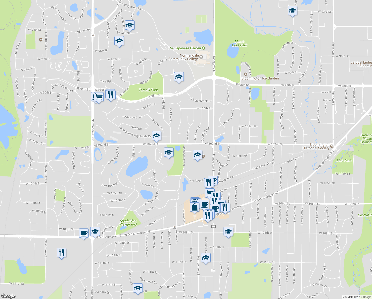 map of restaurants, bars, coffee shops, grocery stores, and more near 10211 Johnson Circle in Minneapolis