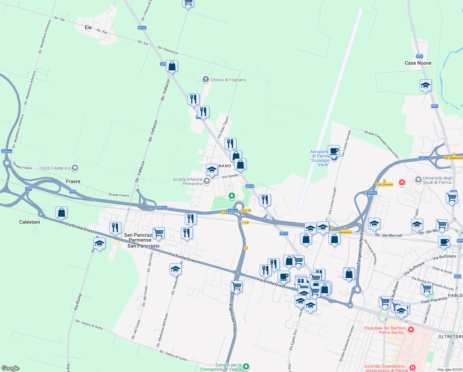 map of restaurants, bars, coffee shops, grocery stores, and more near 2 Via Alpini D'Italia in Parma
