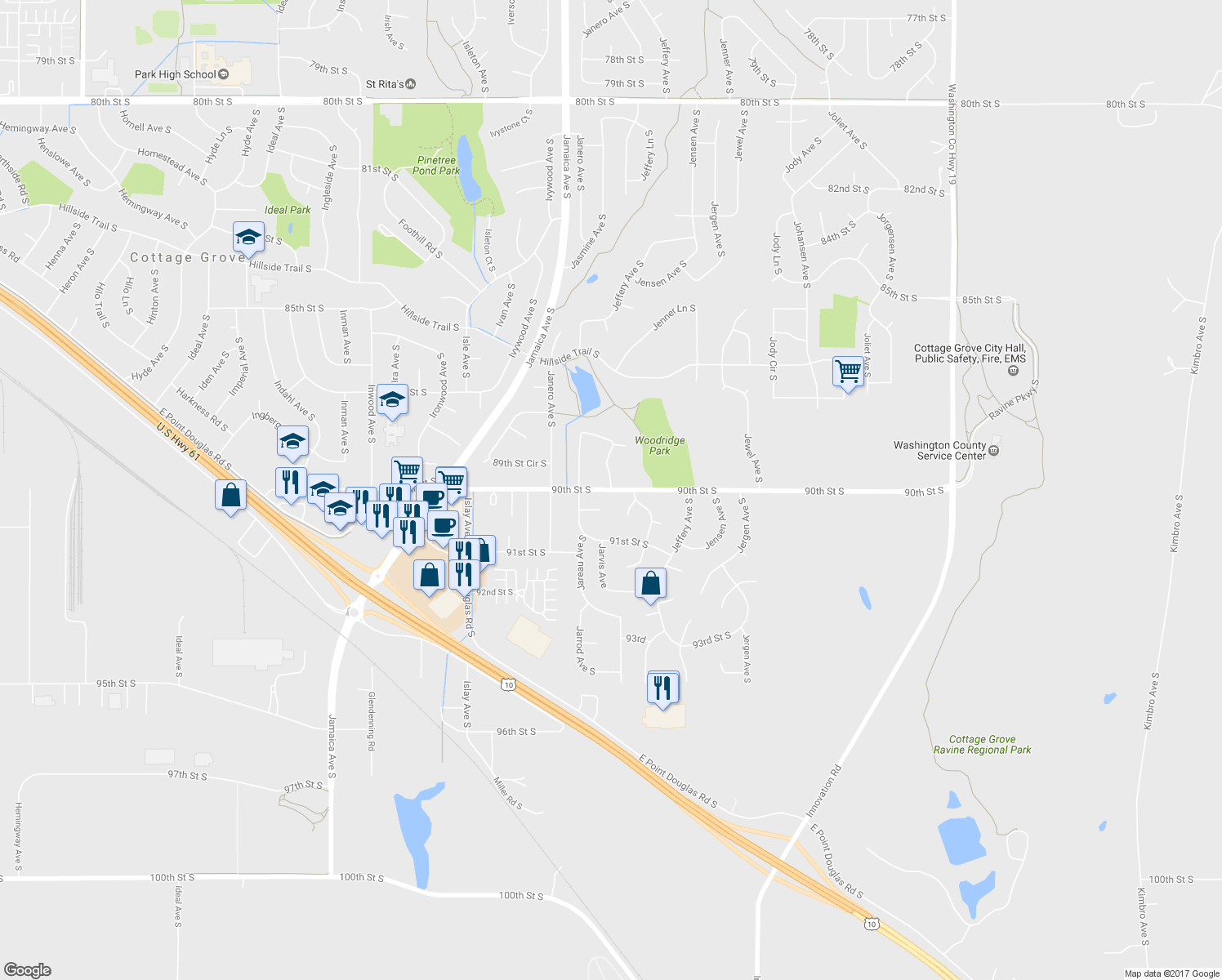 map of restaurants, bars, coffee shops, grocery stores, and more near 90th Street South in Cottage Grove