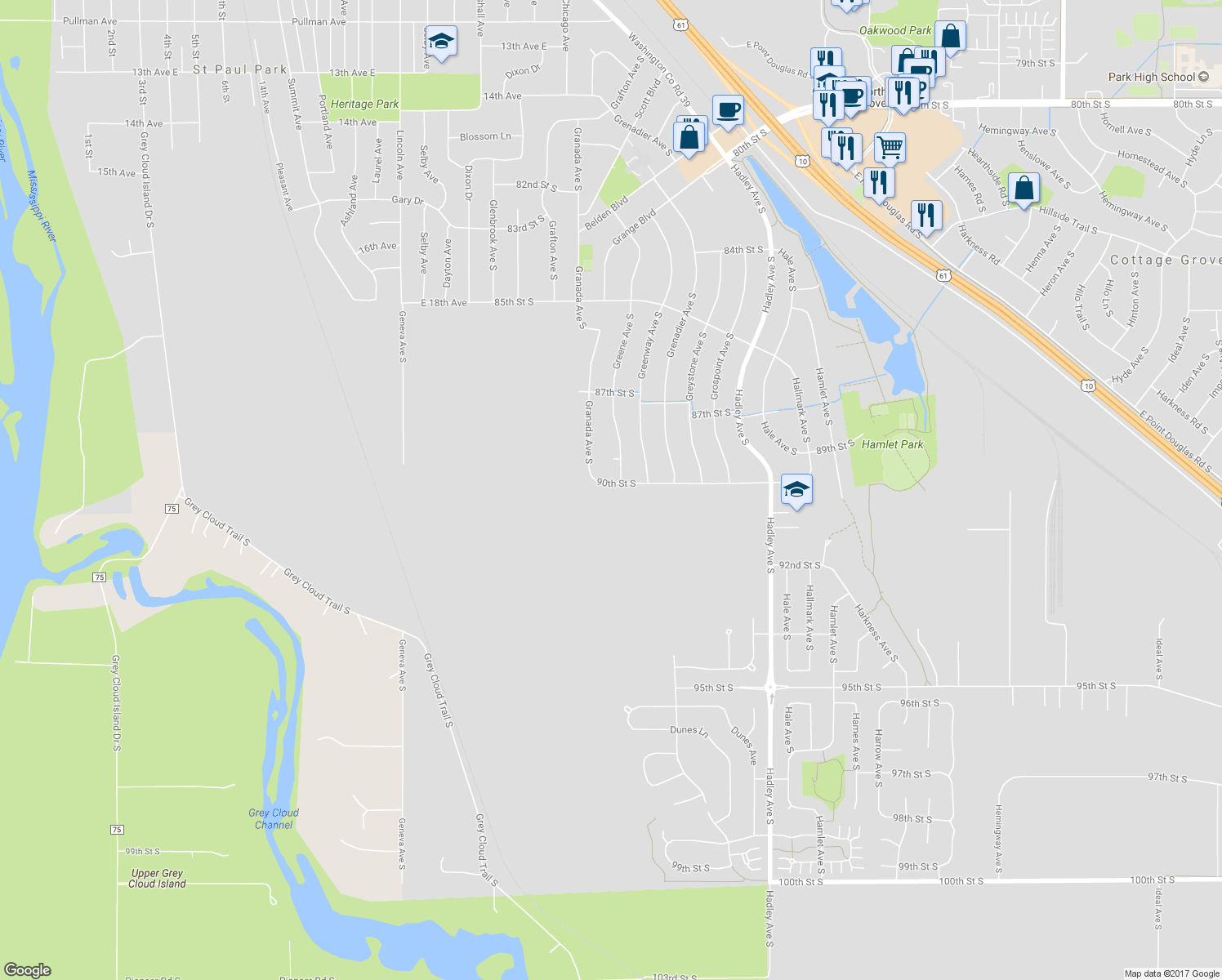 map of restaurants, bars, coffee shops, grocery stores, and more near 6563 90th Street South in Cottage Grove