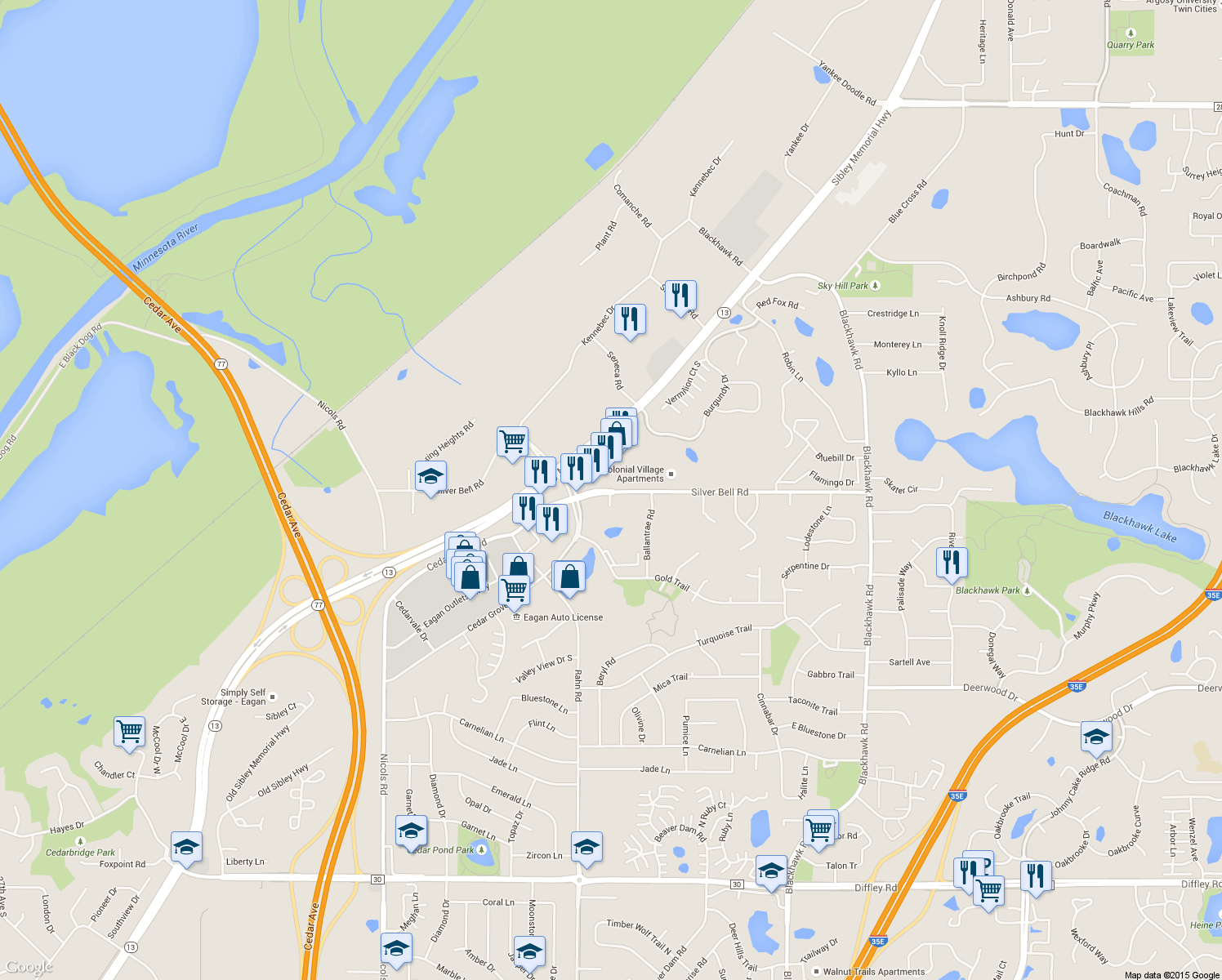 map of restaurants, bars, coffee shops, grocery stores, and more near 3500 Federal Drive in Eagan