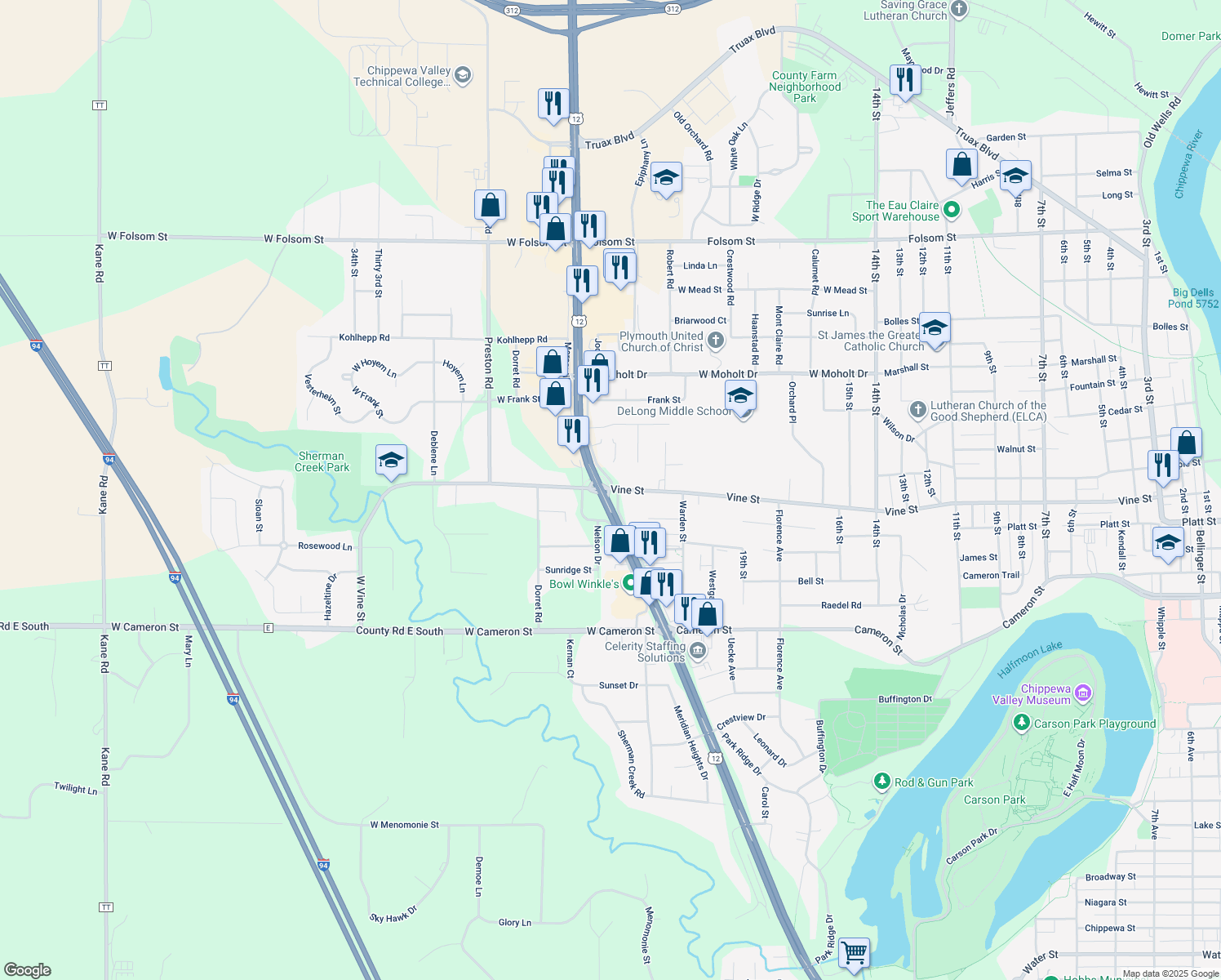map of restaurants, bars, coffee shops, grocery stores, and more near 2316 Vine St in Eau Claire