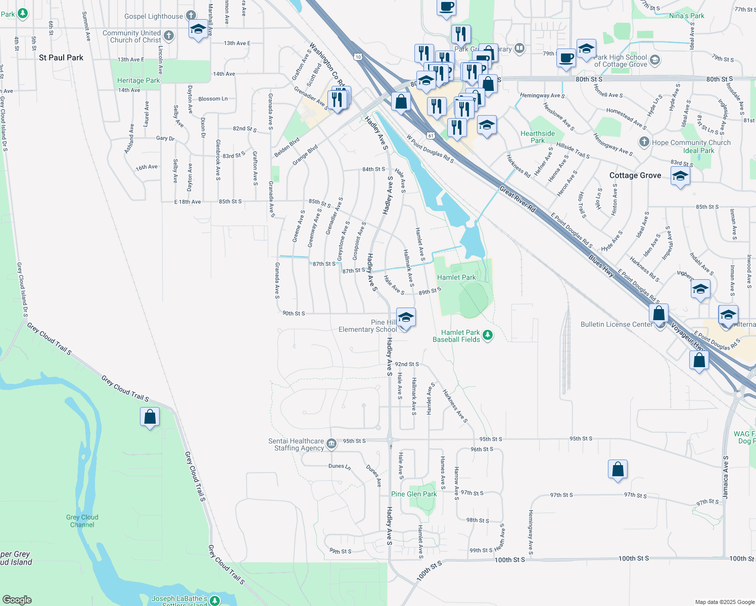 map of restaurants, bars, coffee shops, grocery stores, and more near 8904 Hadley Avenue South in Cottage Grove