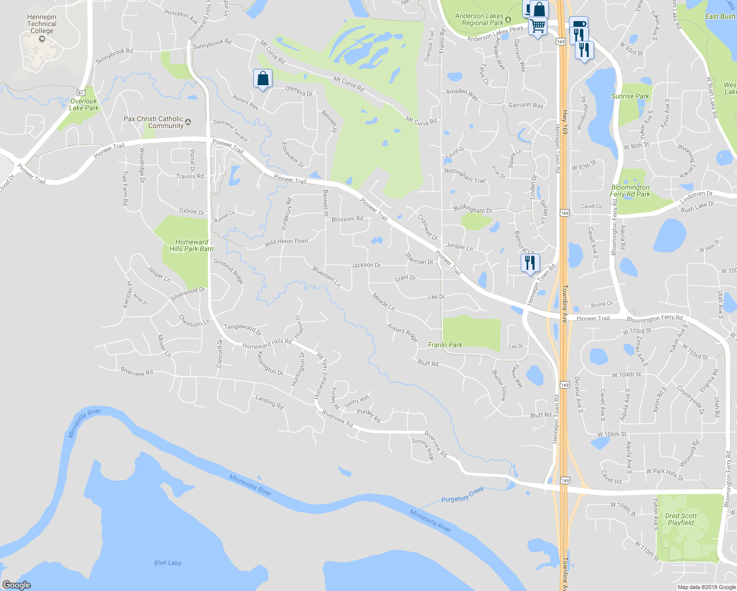 map of restaurants, bars, coffee shops, grocery stores, and more near 10140 Meade Lane in Eden Prairie