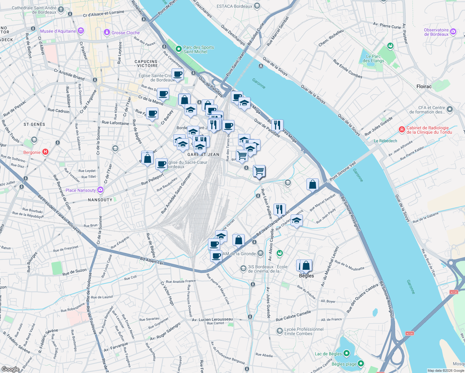 map of restaurants, bars, coffee shops, grocery stores, and more near in Bordeaux