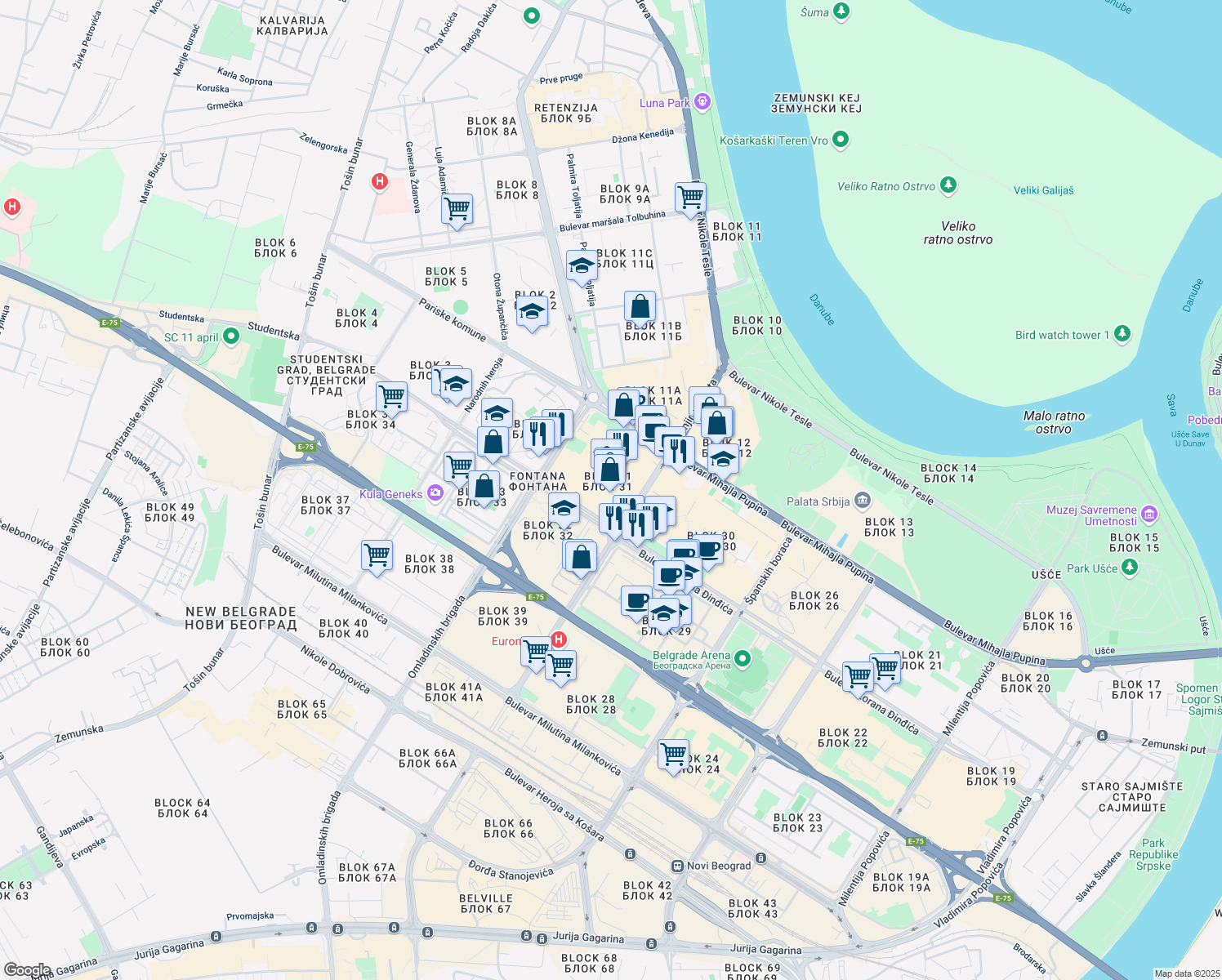 map of restaurants, bars, coffee shops, grocery stores, and more near in Beograd