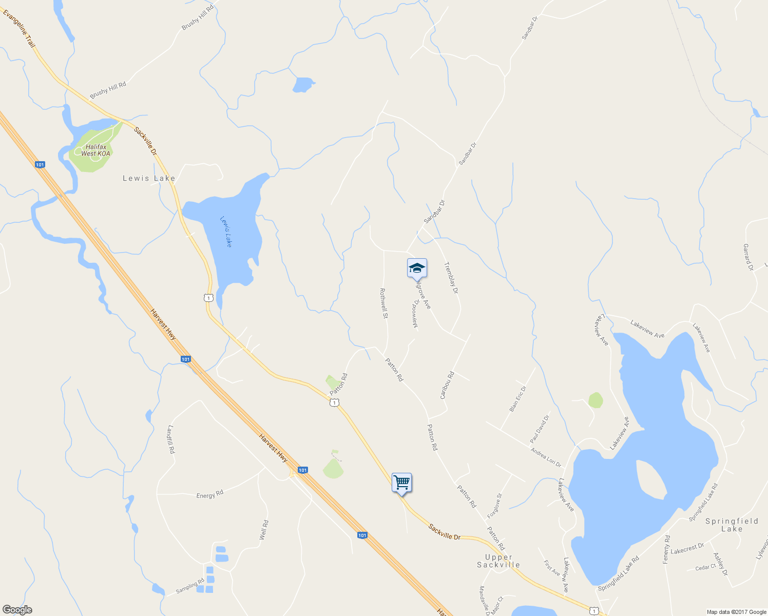 map of restaurants, bars, coffee shops, grocery stores, and more near 18 Rothwell Street in Upper Sackville