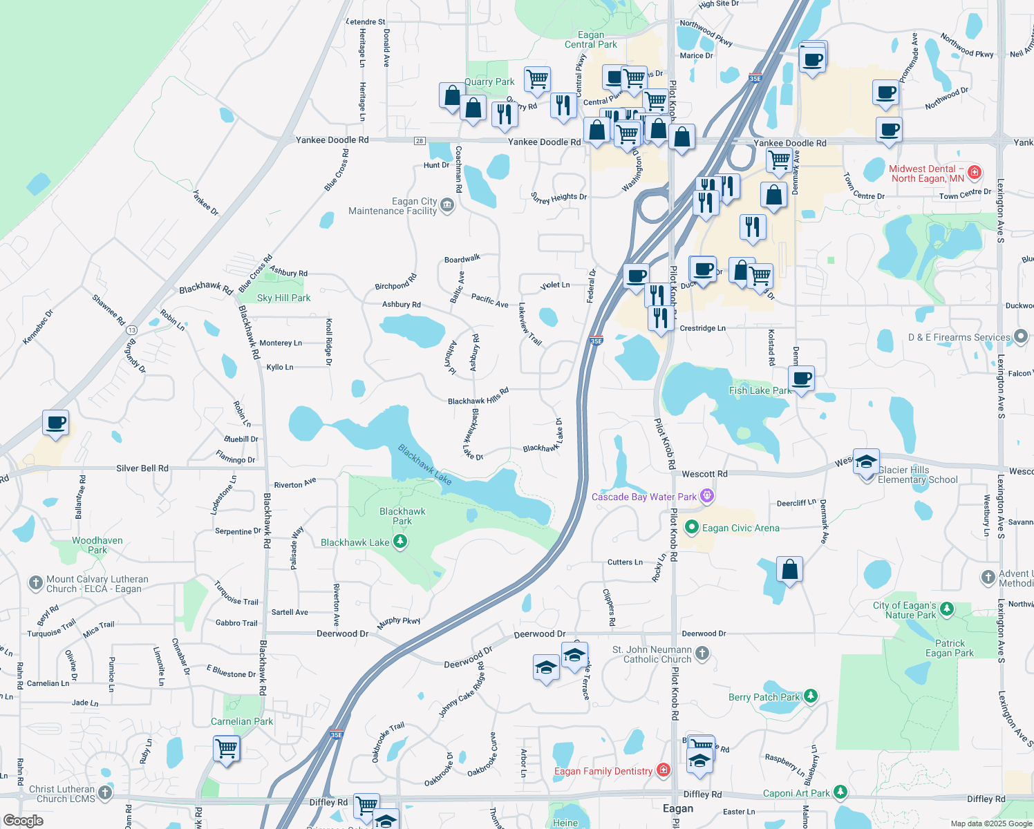 map of restaurants, bars, coffee shops, grocery stores, and more near 3708 Blackhawk Lake Ct in Eagan