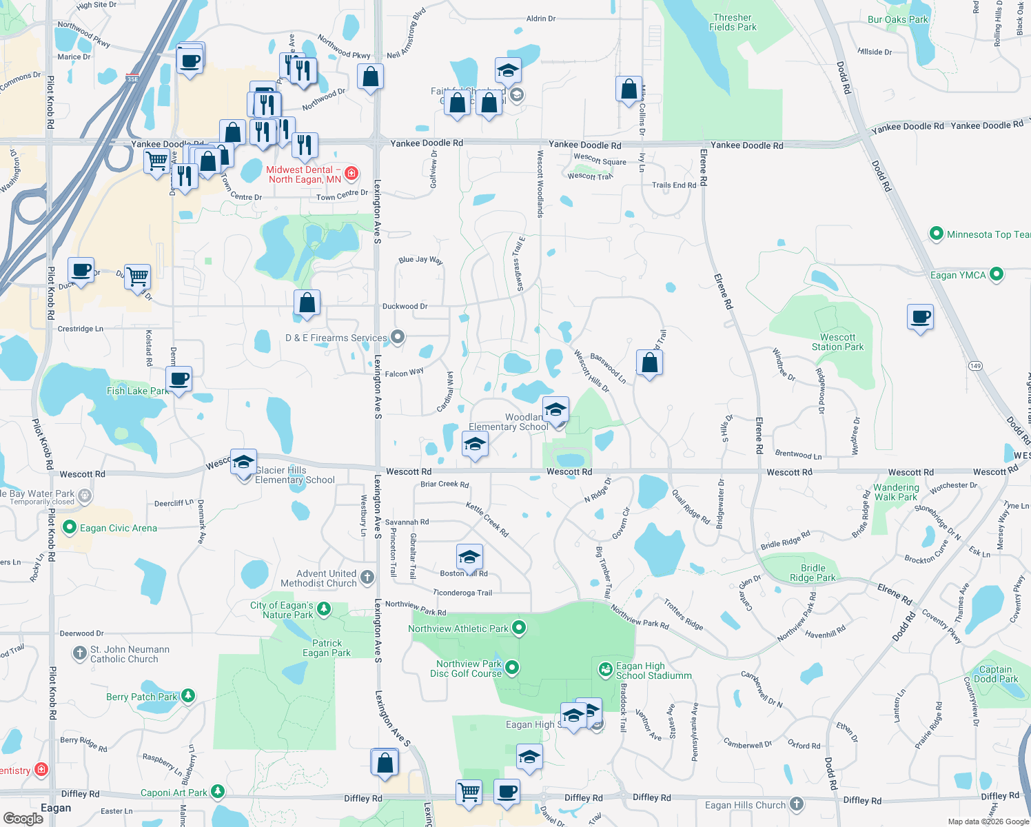 map of restaurants, bars, coffee shops, grocery stores, and more near 957 Greensboro Lane in Eagan