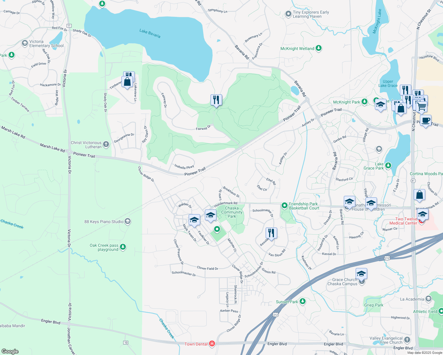 map of restaurants, bars, coffee shops, grocery stores, and more near 2530 Brinkhaus Street in Chaska