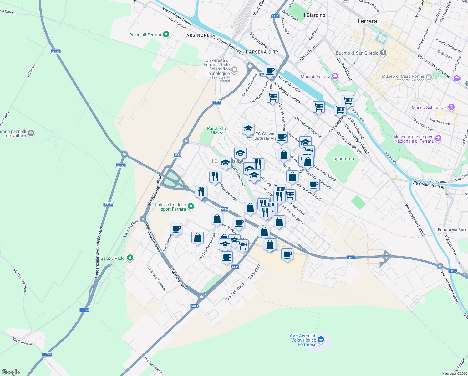 map of restaurants, bars, coffee shops, grocery stores, and more near 2 Via Umberto Saba in Ferrara