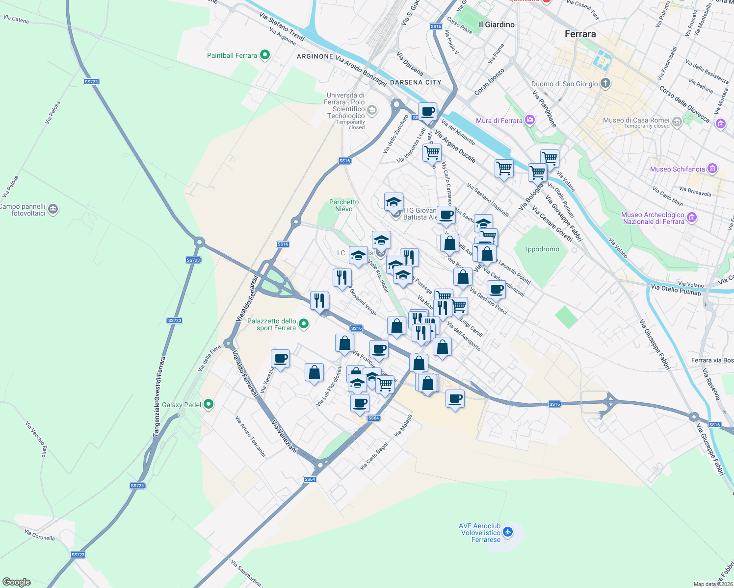 map of restaurants, bars, coffee shops, grocery stores, and more near 2 Via Umberto Saba in Ferrara