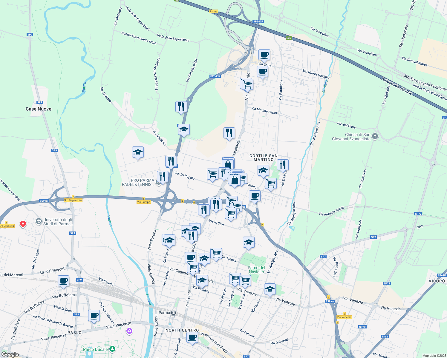 map of restaurants, bars, coffee shops, grocery stores, and more near 96 A Via San Leonardo in Parma
