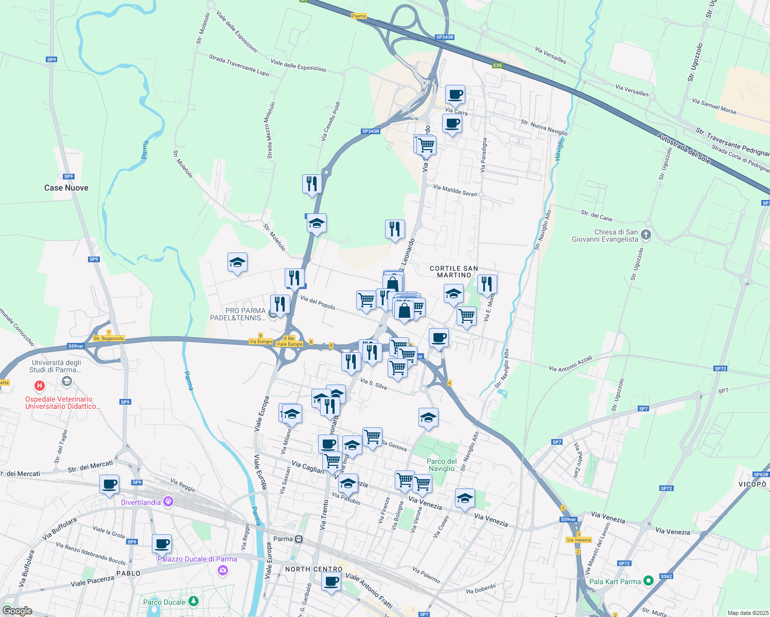 map of restaurants, bars, coffee shops, grocery stores, and more near 96 A Via San Leonardo in Parma