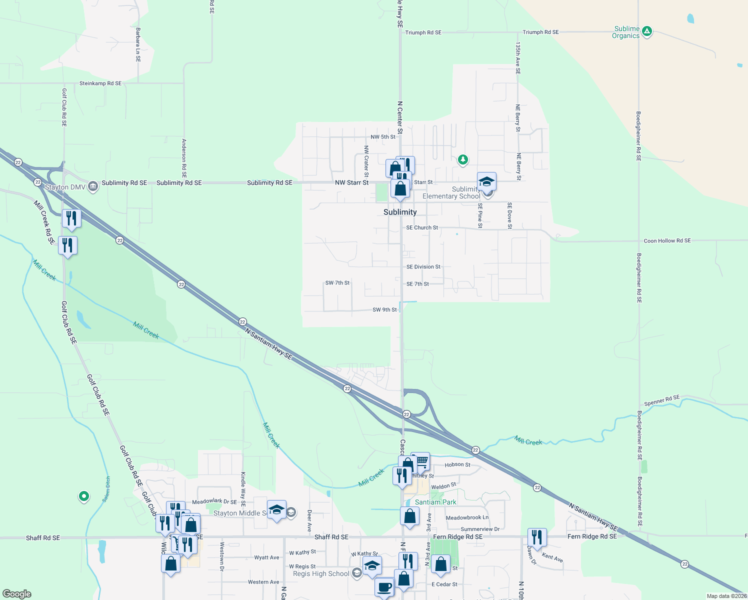 map of restaurants, bars, coffee shops, grocery stores, and more near 312 Southwest Cascade Meadow Drive in Sublimity