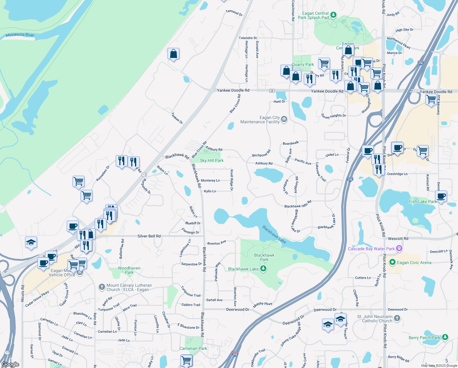 map of restaurants, bars, coffee shops, grocery stores, and more near 1720 Monterey Lane in Eagan