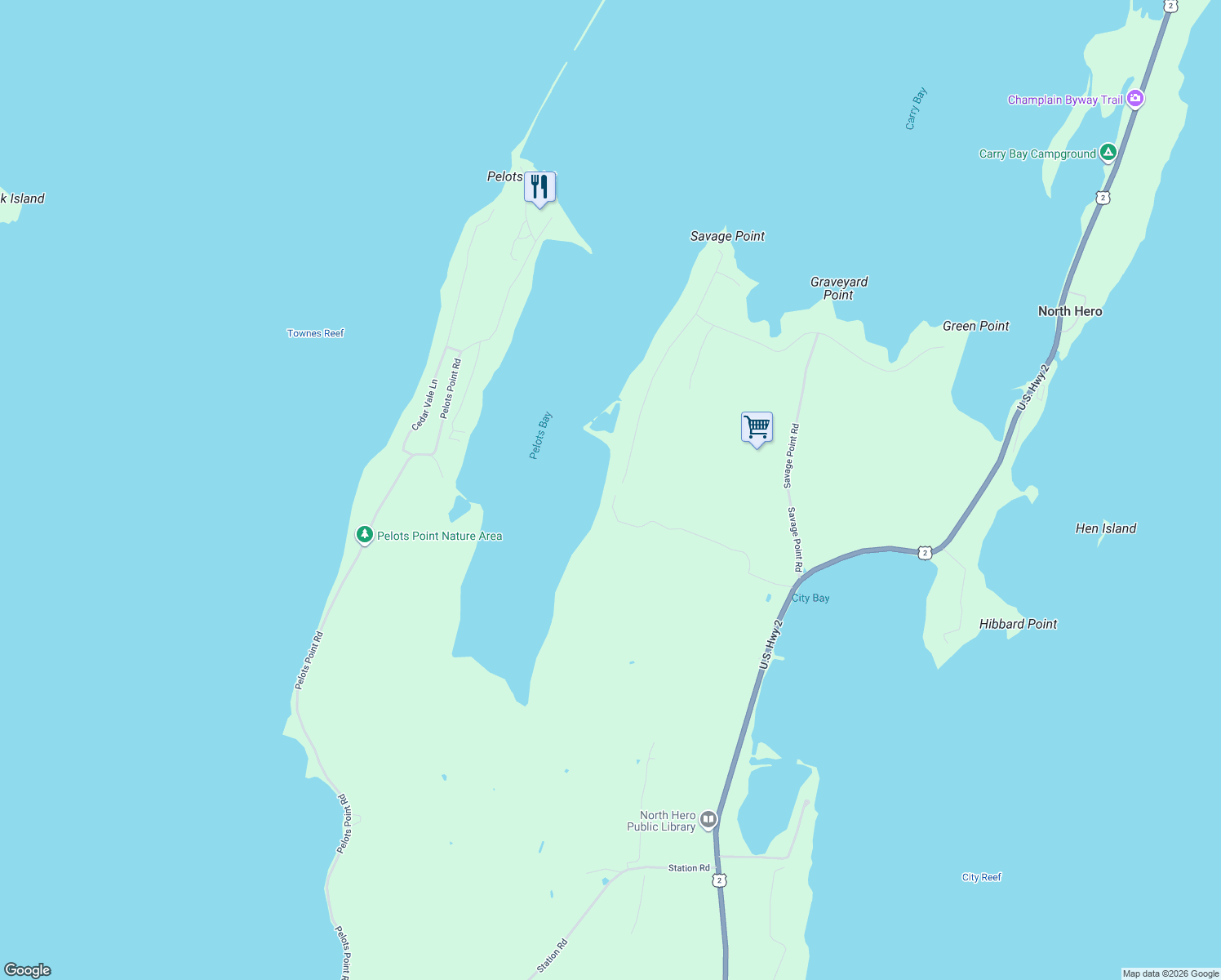 map of restaurants, bars, coffee shops, grocery stores, and more near 1500 Savage Point Rd in North Hero