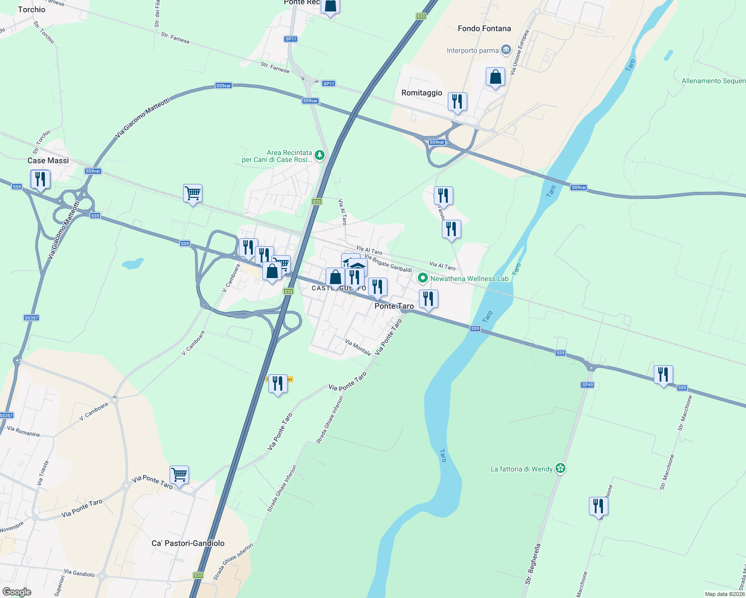 map of restaurants, bars, coffee shops, grocery stores, and more near 11 Via Emilia in Ponte Taro