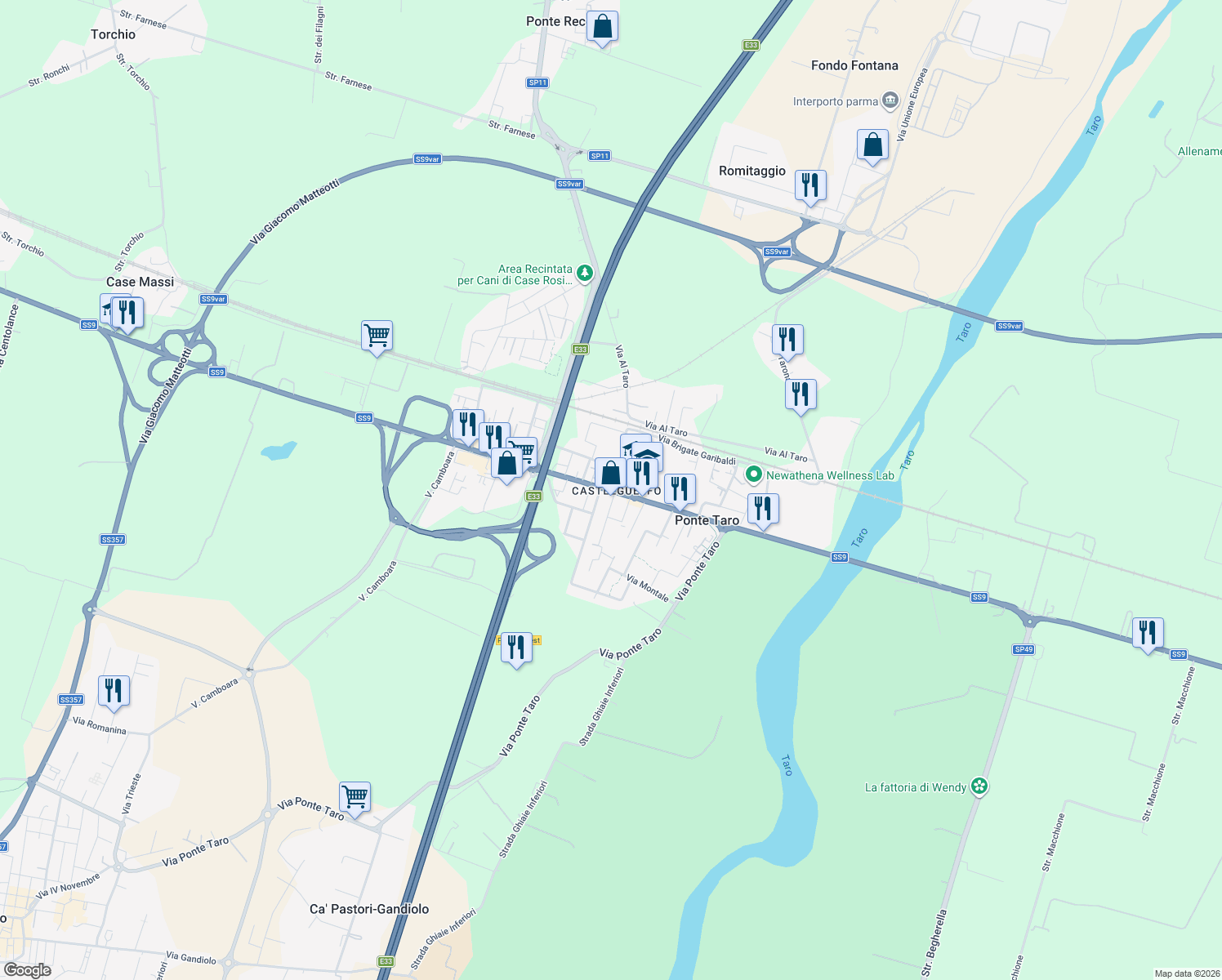 map of restaurants, bars, coffee shops, grocery stores, and more near 11 Via Emilia in Ponte Taro