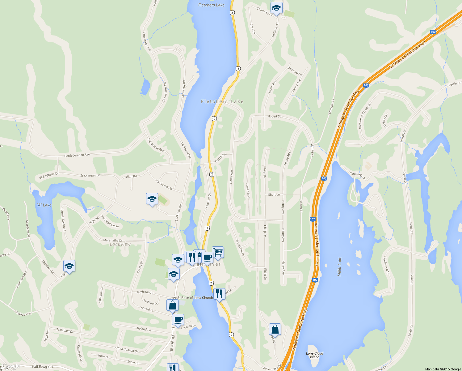 map of restaurants, bars, coffee shops, grocery stores, and more near 222 Howe Avenue in Fall River